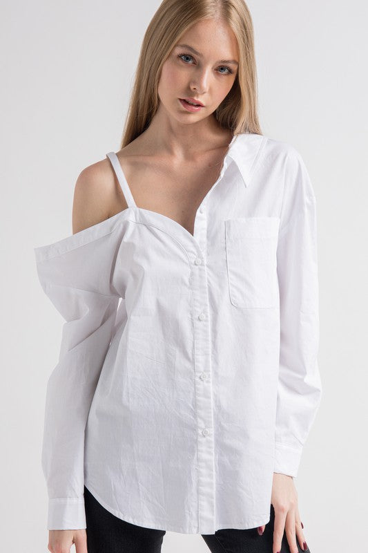 White off the shoulder button down shirt sale