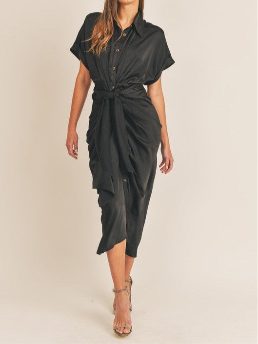 black satin midi shirt dress Victoria Beckham 'Long Sleeve Polo Collar Midi' Dress UK 10 Black