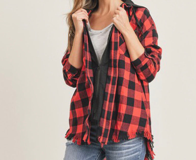 Hooded Plaid Long Sleeve - Red/Black [1X-3X]